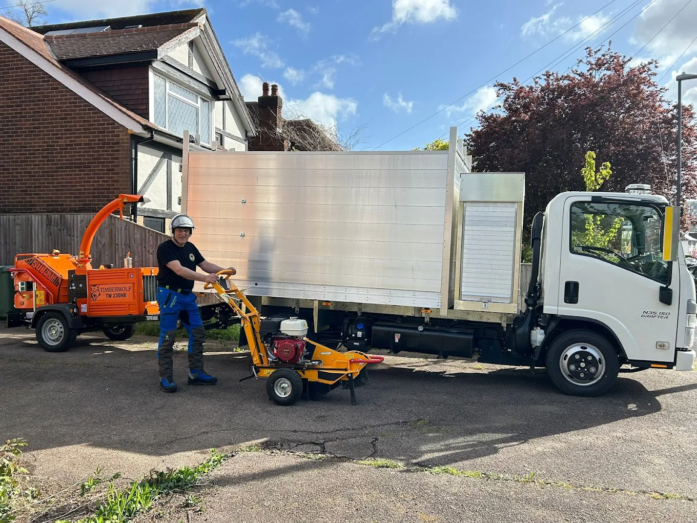 Nick Kaye with his tipper truck, woodchipper and stump grinder ready for a job in Harrow
